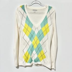 New York & Company Women's Medium Argyle Sweater V Neck Pullover White Teal